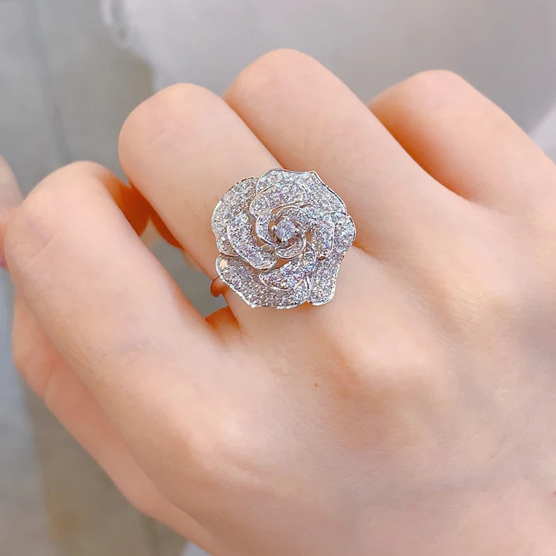 LUOWEND 18K White Gold Rings Real Natural Diamonds 1carat Luxury Flower Wedding Rings for Women High Engagement Party