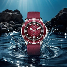 Seagull King of the Dragon automatic watch with a red scale-pattern dial and matching nylon strap.