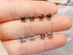 Cetificated PT950 Platinum Earrings With Natural Pink Green Tourmaline/Aquamarine 4 Prongs Blue Precious Gems Ear Stud Jewelry