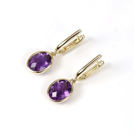 14K gold natural Brazil Amethyst oval 7*9mm Checkboard gemstone earrings with simple design fashion fine jewelry for women