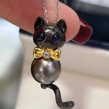 S925 Silver Necklace Black cat Pendant Tahiti Black Pearl 9-10mm for Men and Women Jewelry SN02