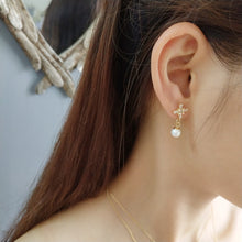 925 Silver Beautiful CZ Cross Asymmetric Created Pearl Dangling Earrings