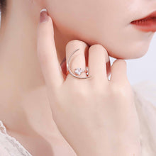925 Sterling Silver Beautiful CZ Four Leaf Clover Crescent Moon Adjustable Ring