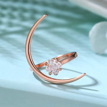 925 Sterling Silver Beautiful CZ Four Leaf Clover Crescent Moon Adjustable Ring