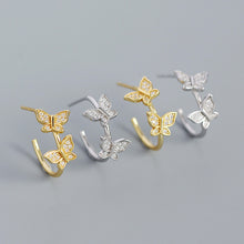 925 Sterling Silver Girl Two Flying CZ Butterflies Stud Earrings