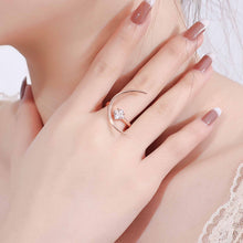 925 Sterling Silver Beautiful CZ Four Leaf Clover Crescent Moon Adjustable Ring