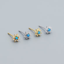 925 Sterling Silver Cute Mini Blue Created Opal CZ Flower Stud Earrings