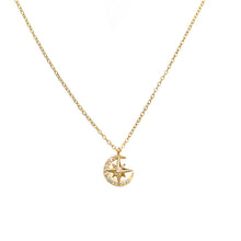 925 Sterling Silver Sweet CZ Star Crescent Moon Necklace