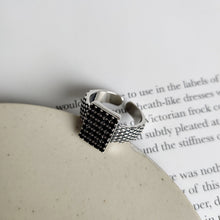 925 Sterling Silver Retro Black CZ Geometric Rectangle Adjustable Ring