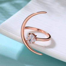 925 Sterling Silver Beautiful CZ Four Leaf Clover Crescent Moon Adjustable Ring
