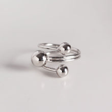 925 Sterling Silver Geometry Three Round Beads Cross Adjustable Ring