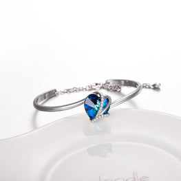 925 Sterling Silver Love Heart Bangle Bracelet  with Blue Crystals, I Love You Bracelet