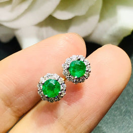 18K Yellow Gold With Round Emerald Earrings