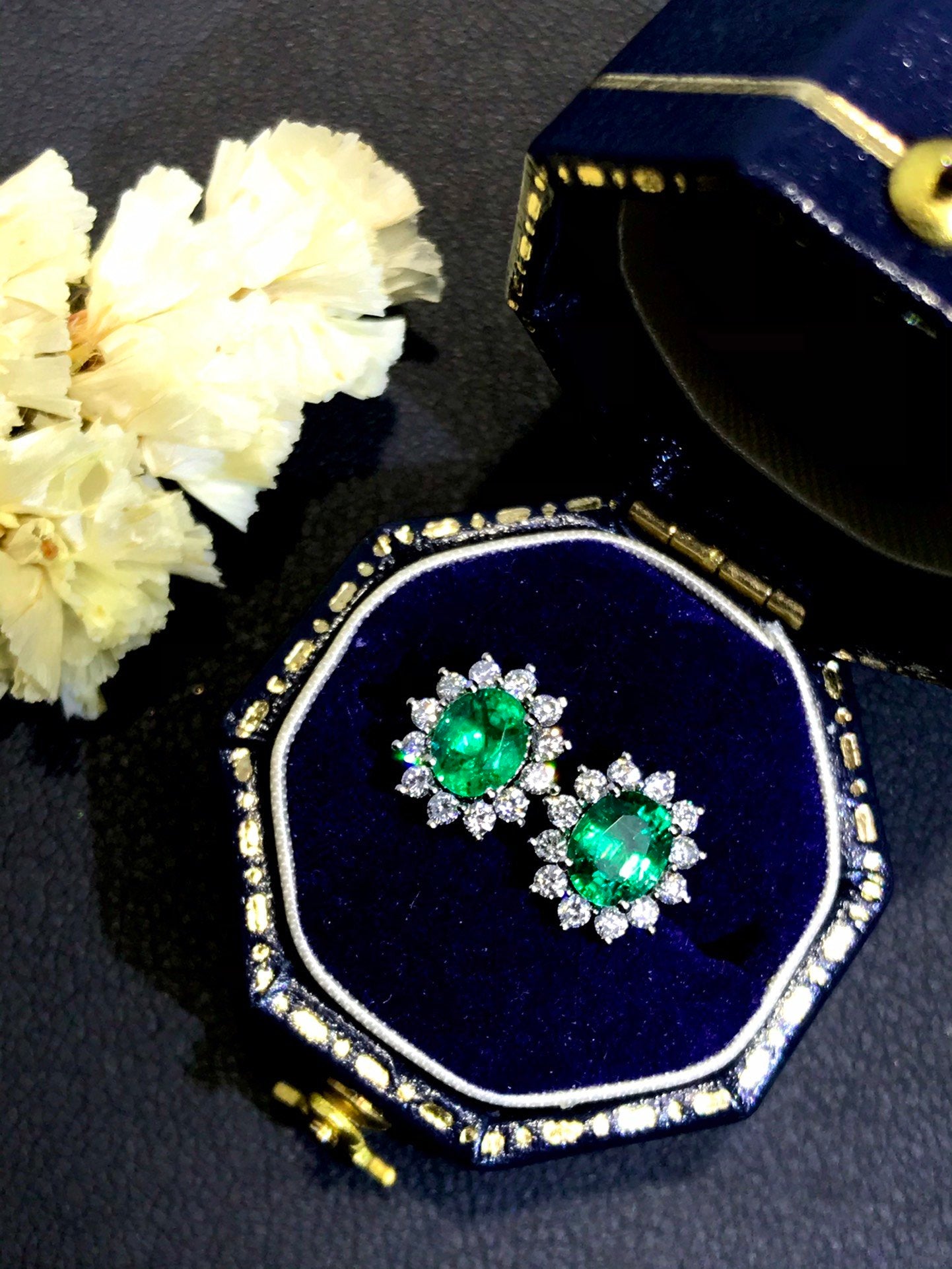 18K White Gold With Emerald Full Diamond Earrings