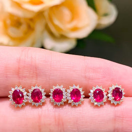 18K White Gold Ruby Stud Earrings, Classic Princess Diana Style