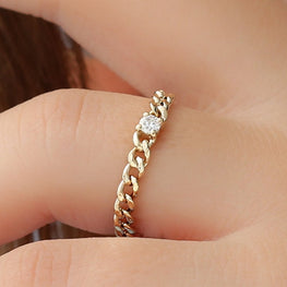 14k Gold Cuban Chain Ring with Diamond Prong Setting