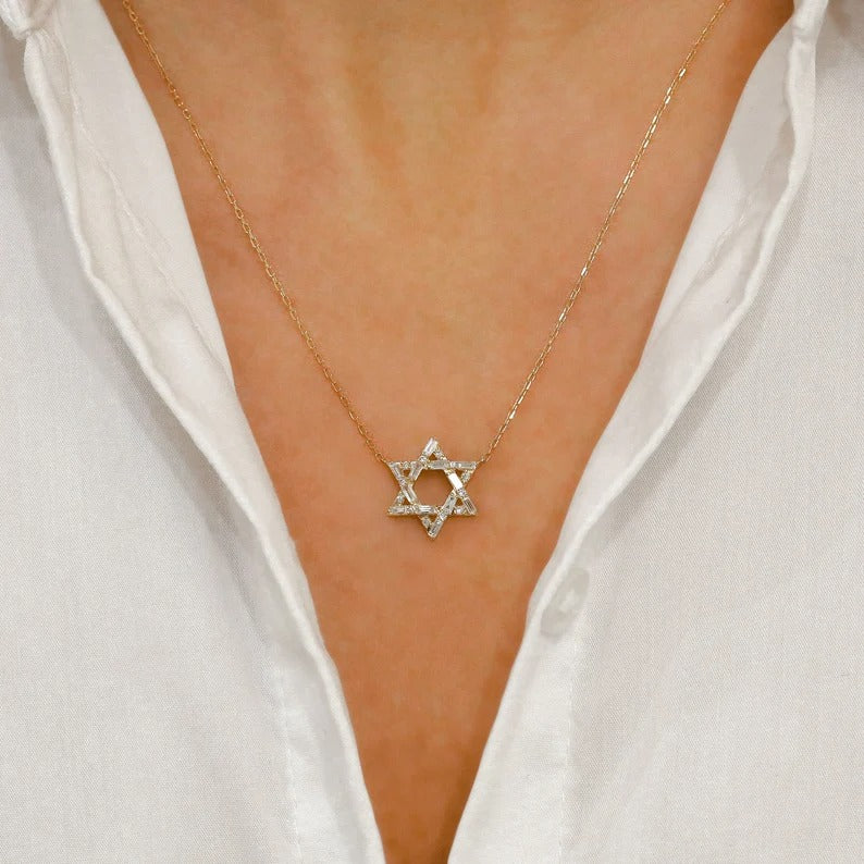 Natural Diamond Baguette and Round Open Star of David Necklace