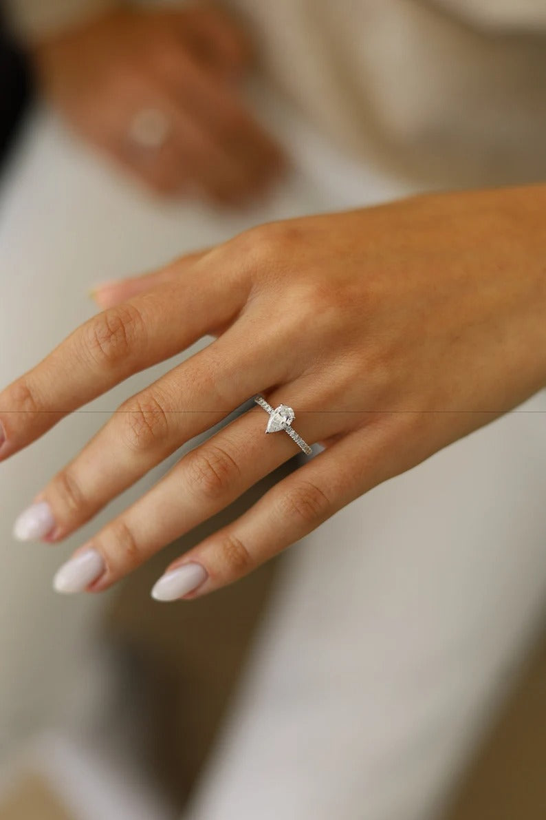 GIA 0.76 Carat Pear Diamond Engagement Ring, 14K White Gold Pave Ring