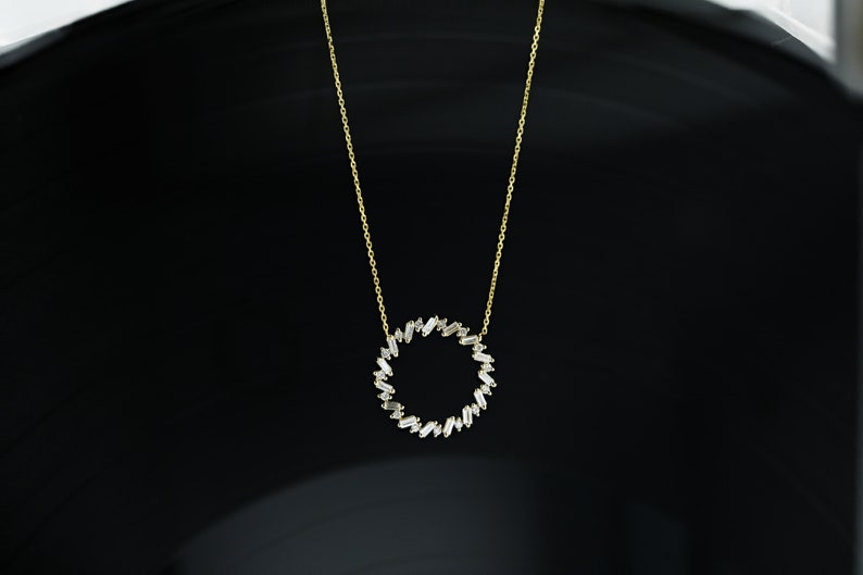 Natural Diamond Baguette and Round Circle Pendant W/ Chain