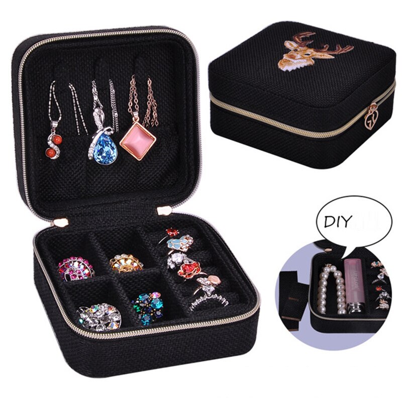 Jewelry Box Lipstick Storage Case Organizer Earring Holder Zipper Women Jewelry Display Embroidery Travel Case