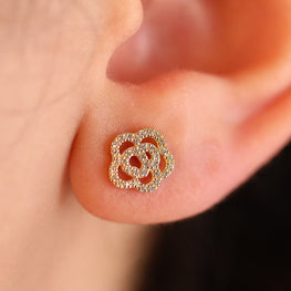 14k Solid Gold Diamond Flower Stud Earrings