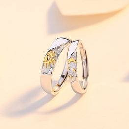 925 Sterling Silver Anniversary Golden Sun Star Crescent Moon 18K Yellow Gold/Rhodium Adjustable Couple Ring.