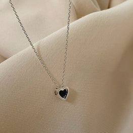 925 Sterling Silver Lady Black Heart Necklace with Cubic Zirconia.