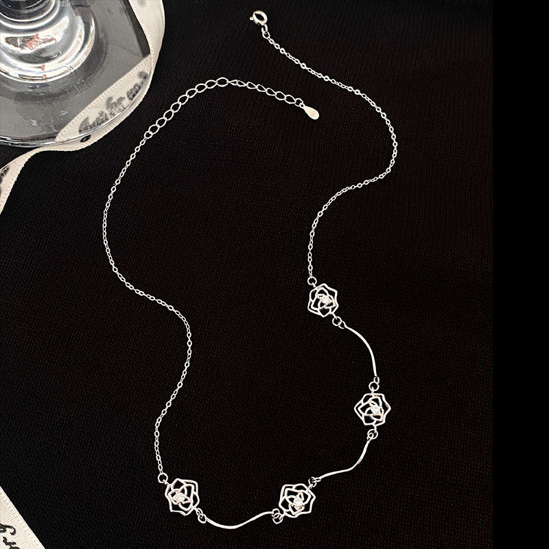 925 Sterling Silver Necklace for Women with Hollow CZ Rose Flowers