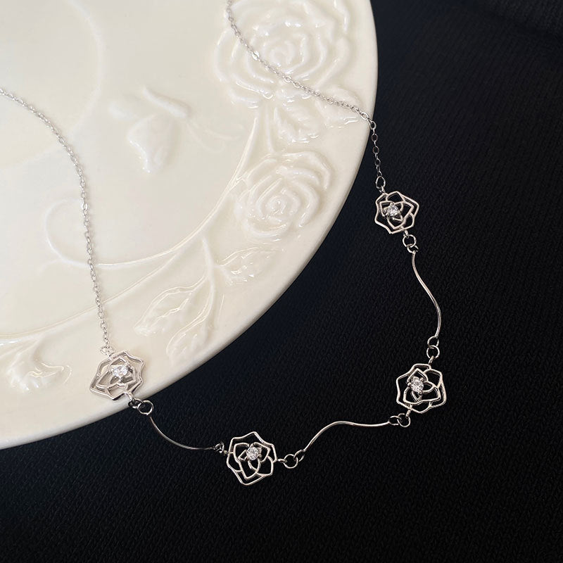 925 Sterling Silver Necklace for Women with Hollow CZ Rose Flowers