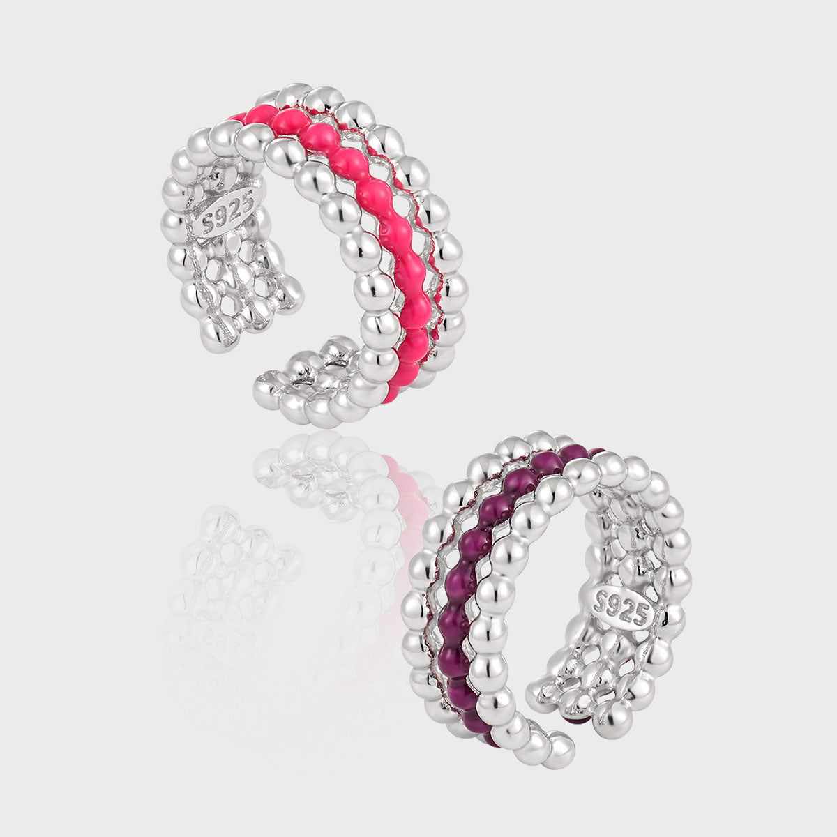 Modern Triple Layers Round Beads Epoxy 925 Sterling Silver Adjustable Ring