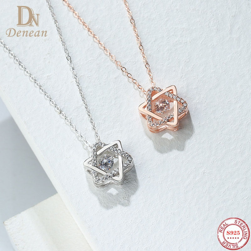 S925 Pure Silver Six-pointed Star Necklace Fashion Shine Zircon Hexagram Pendant  for Women White and Rose Gold Color Jewelry