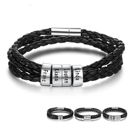 Personalized Family Names Men Bracelet with Custom Beads Black Multilayer Leather Charm Bracelets for Men Accessories