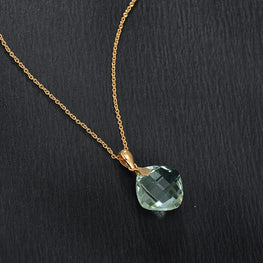 14K Yellow Gold Pendant for Women with12x12mm Checkerboard 7.75ct Flawless Green Amethyst.