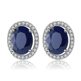 925 sterling silver Gemstone Stud Earrings Vintage Fine Jewelry Women Gift Fashion with 7x9mm Natural Blue Sapphire