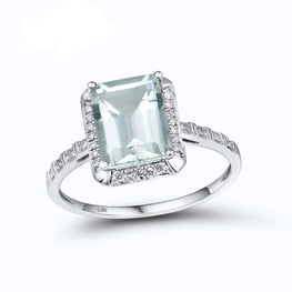 14K White Gold Rings for Women Shiny Diamond Limpid Sky-Blue Topaz/Green Amethyst Anniversary Classic Fine Jewelry