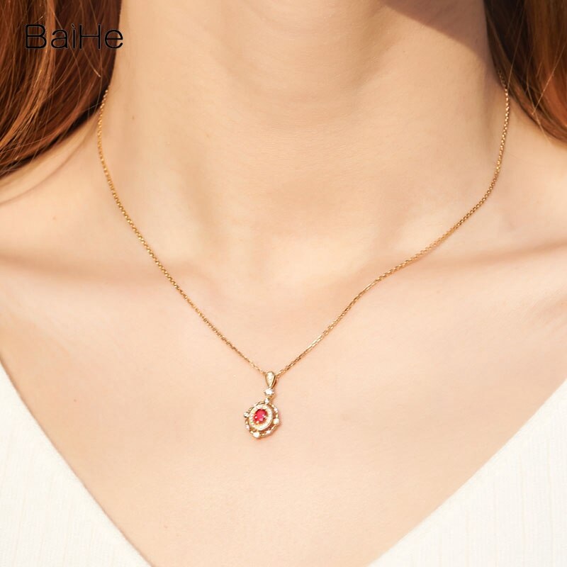 Real Solid 14K Yellow Gold 0.18ct Natural Ruby H/SI Natural Diamond Pendant Women Fine Jewelry Making Colgante diamantes