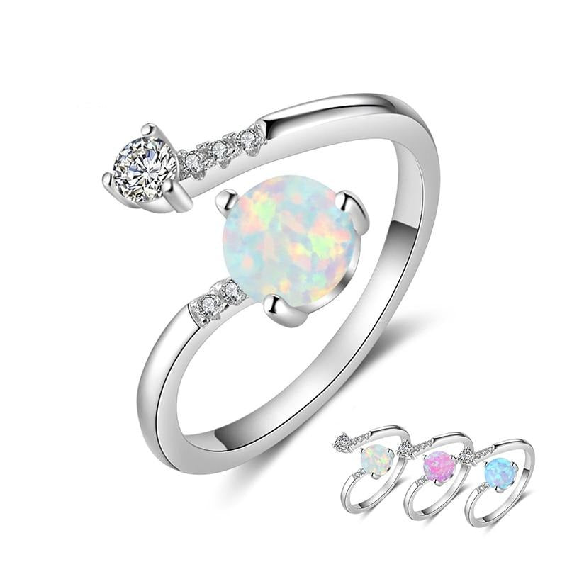 925 Sterling Silver Created Round Blue Opal Rings for Women Cubic Zirconia Adjustable Wrap Ring Wedding Jewelry (Lam Hub Fong)