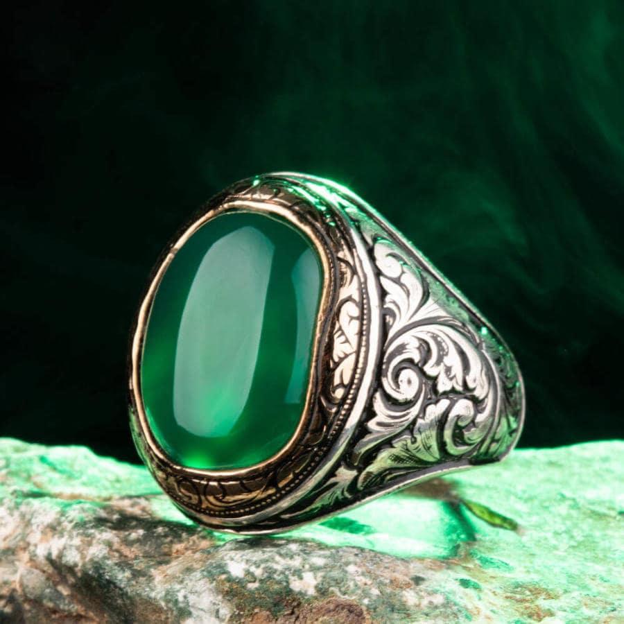 925 Sterling Silver Ornamented Men's Ring with Green Agate Stone for Men Exclusive Male Ring