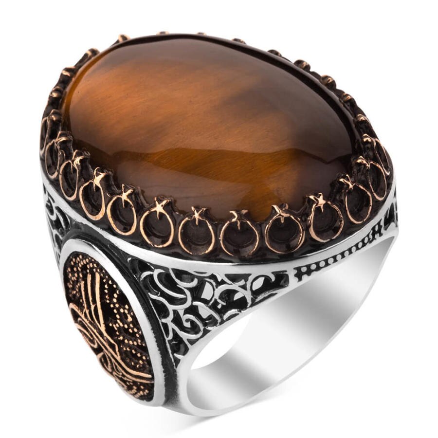925 Sterling Large Silver Tughra Mens Ring with Tigereye Stone Fashion Turkish Premium Quality Handmade Jawelery