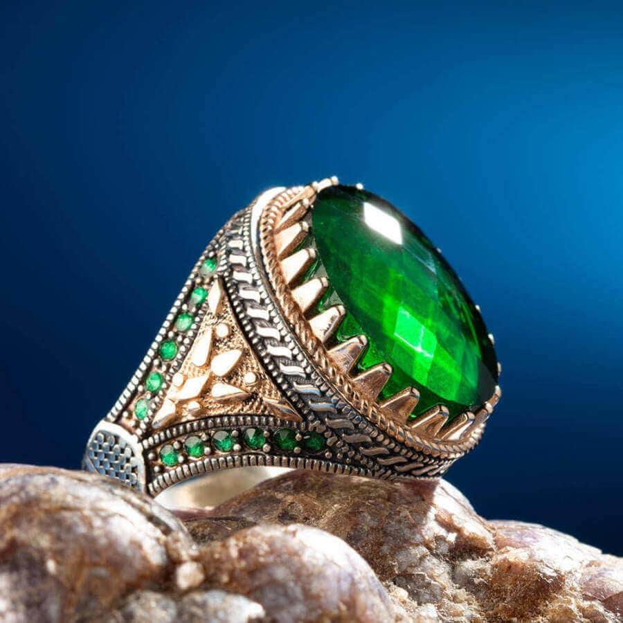 925 Silver Men's Ring With Green Zircon Ornament Stone Zirconia Ring For Men Fashionable Silver Ring