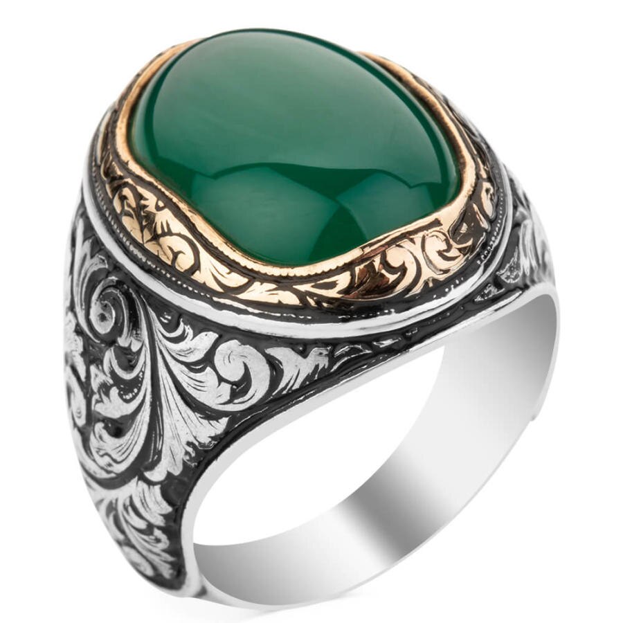 925 Sterling Silver Ornamented Men's Ring with Green Agate Stone for Men Exclusive Male Ring