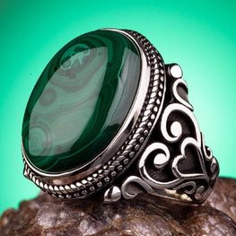 925 Sterling Silver Men's Green Malachite Stone Ring Men's Ring with Stone Quality Silver Malachite Ring