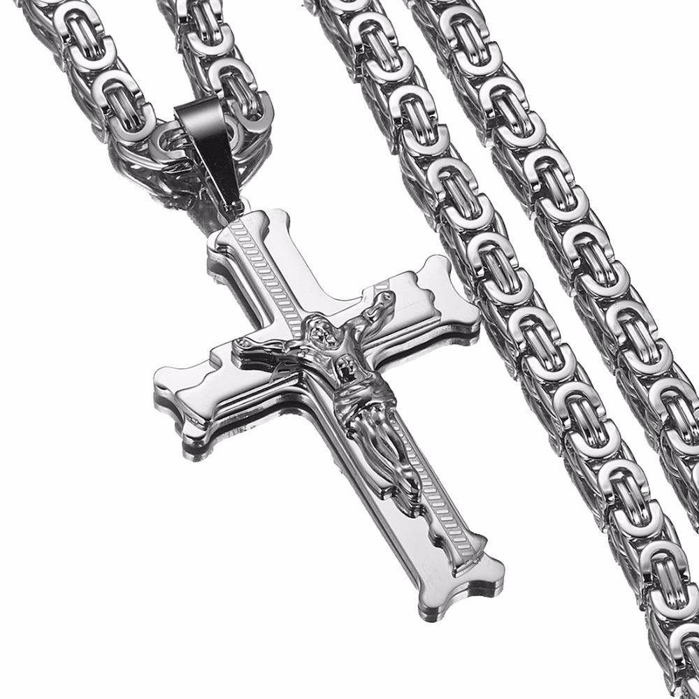 Jesus Cross Silver Necklaces Men Women Pendant Stainless Steel Necklace With 6MM Byzantine Chain  Christian Crucifix Jewelry - jewelrycafee
