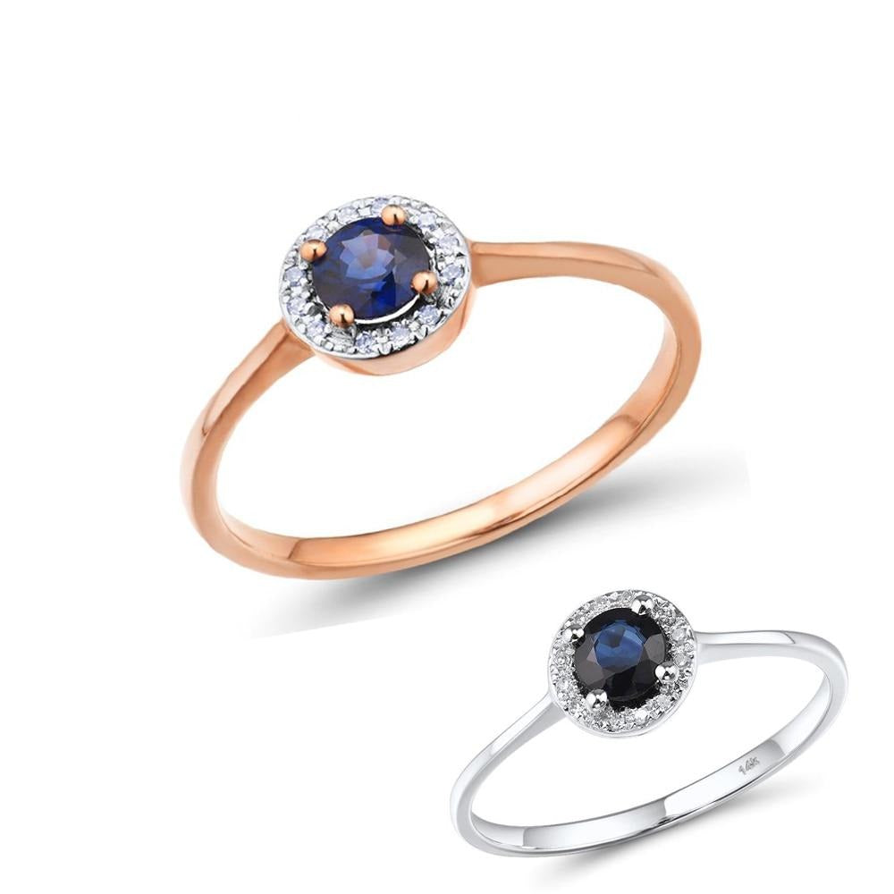 14K Rose Gold Rings for Women with Sparkling Diamond Round Blue Sapphire Luxury Wedding Band Fine Jewelry