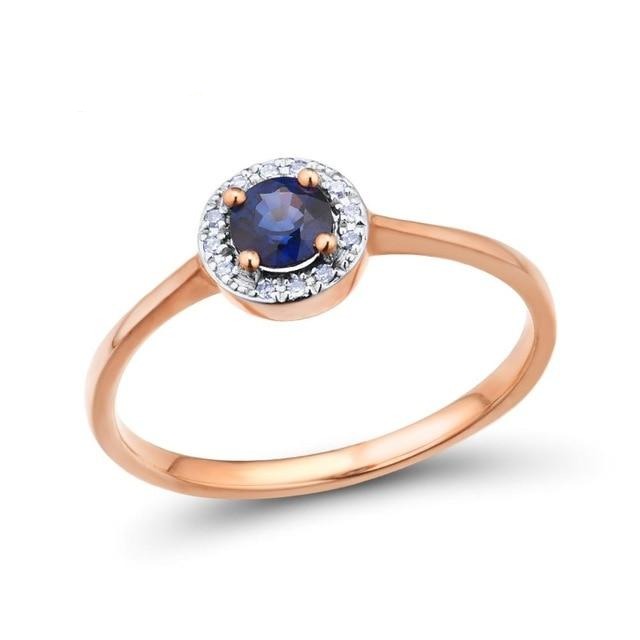 14K Rose Gold Rings for Women with Sparkling Diamond Round Blue Sapphire Luxury Wedding Band Fine Jewelry