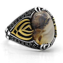 Natural Agate Men Ring 925 Sterling Silver with Big Oval Stone & Black CZ Vintage Rings for Male Peaceful Symbol Turkish Jewelry - jewelrycafee