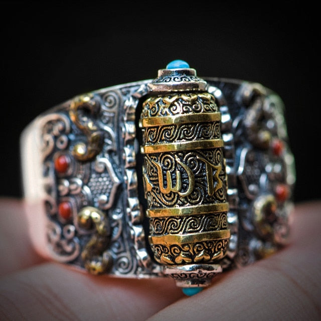 925 Sterling Silver Men's Buddhist Buddha Ring Good Fortune Mantra Statement Ring Turquoise Prayer Wheel Finger Ring