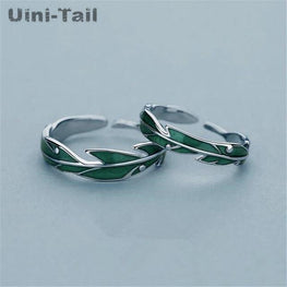 hot sale new 925 sterling silver green banana leaf couple ring niche design fashion personality sweet high quality - jewelrycafee