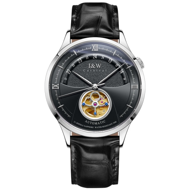 Luxury Blue Tourbillon Mechanical Watch Men I&W MIYOTA Automatic Watch Sapphire Glass Waterproof Italy Leather Band.