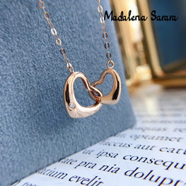 Pure 18K Gold Heart Diamond Pendant Necklace Women Jewelry Au750 Pure Gold Chain Necklace Slide Double Heart